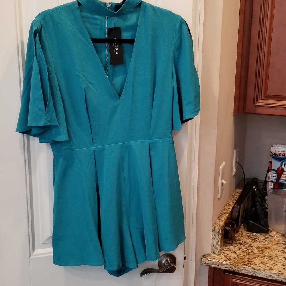 Akira Chicago Black Label Teal Neck Detail Romper Sz Large
